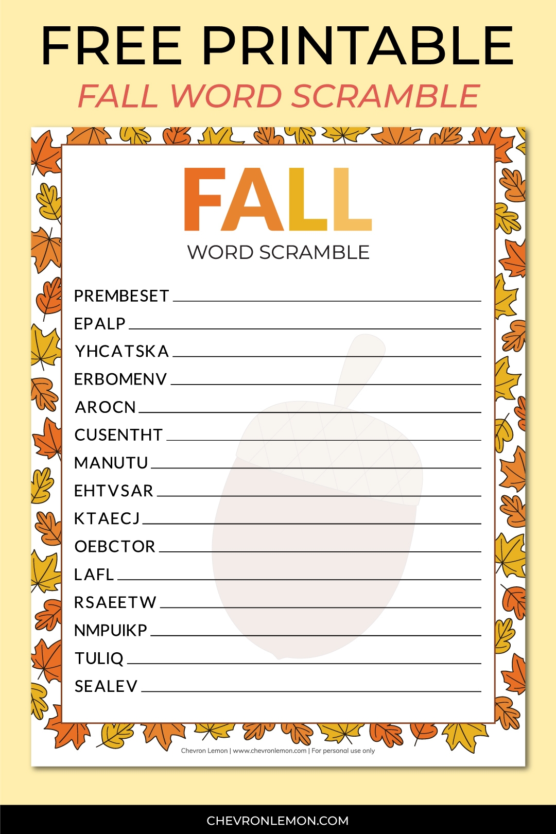 Printable Fall Word Scramble Chevron Lemon Printable Fall Word Scramble Chevron Lemon