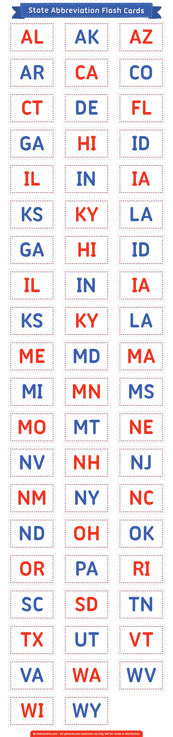 Printable State Abbreviation Flash Cards
