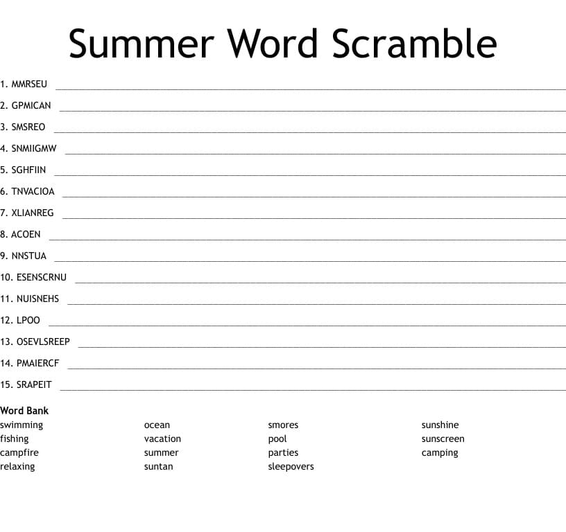 Printable Summer Word Scramble Quiz Free Download And Print For You