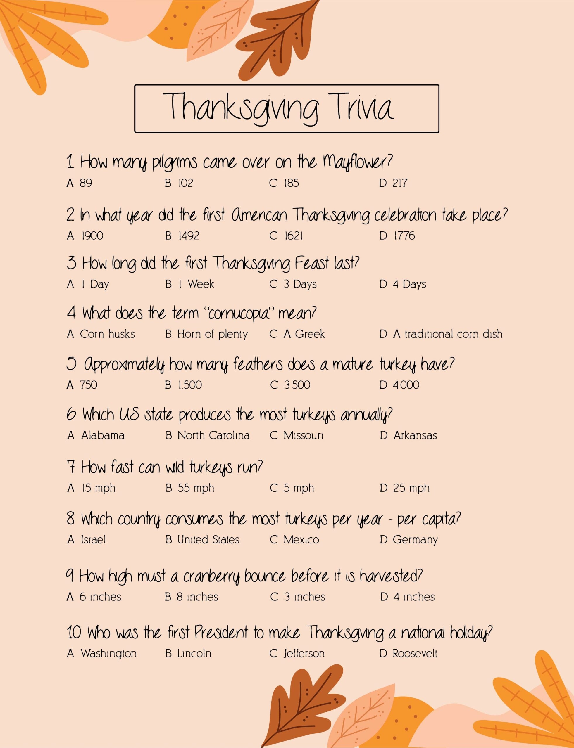 Printable Thanksgiving Trivia Questions Printable JD