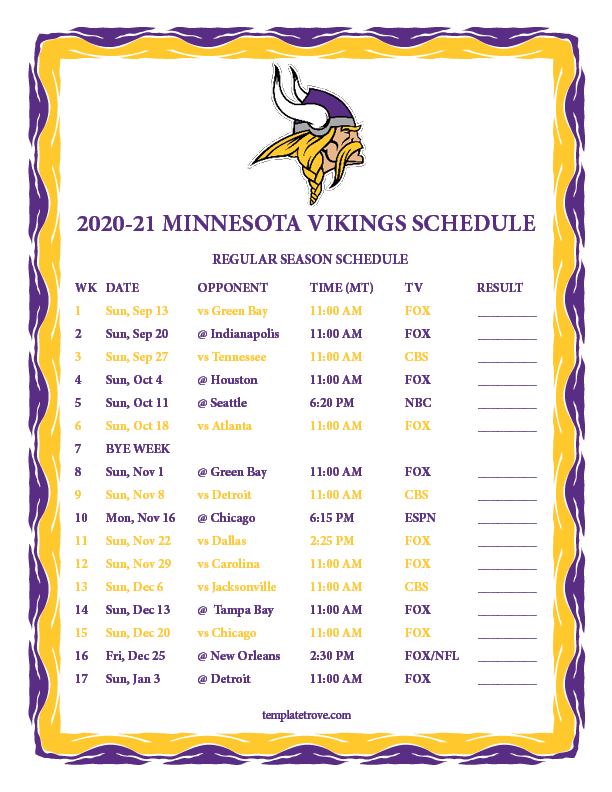 Printable Vikings Schedule 2021 FreePrintableTM FreePrintableTM