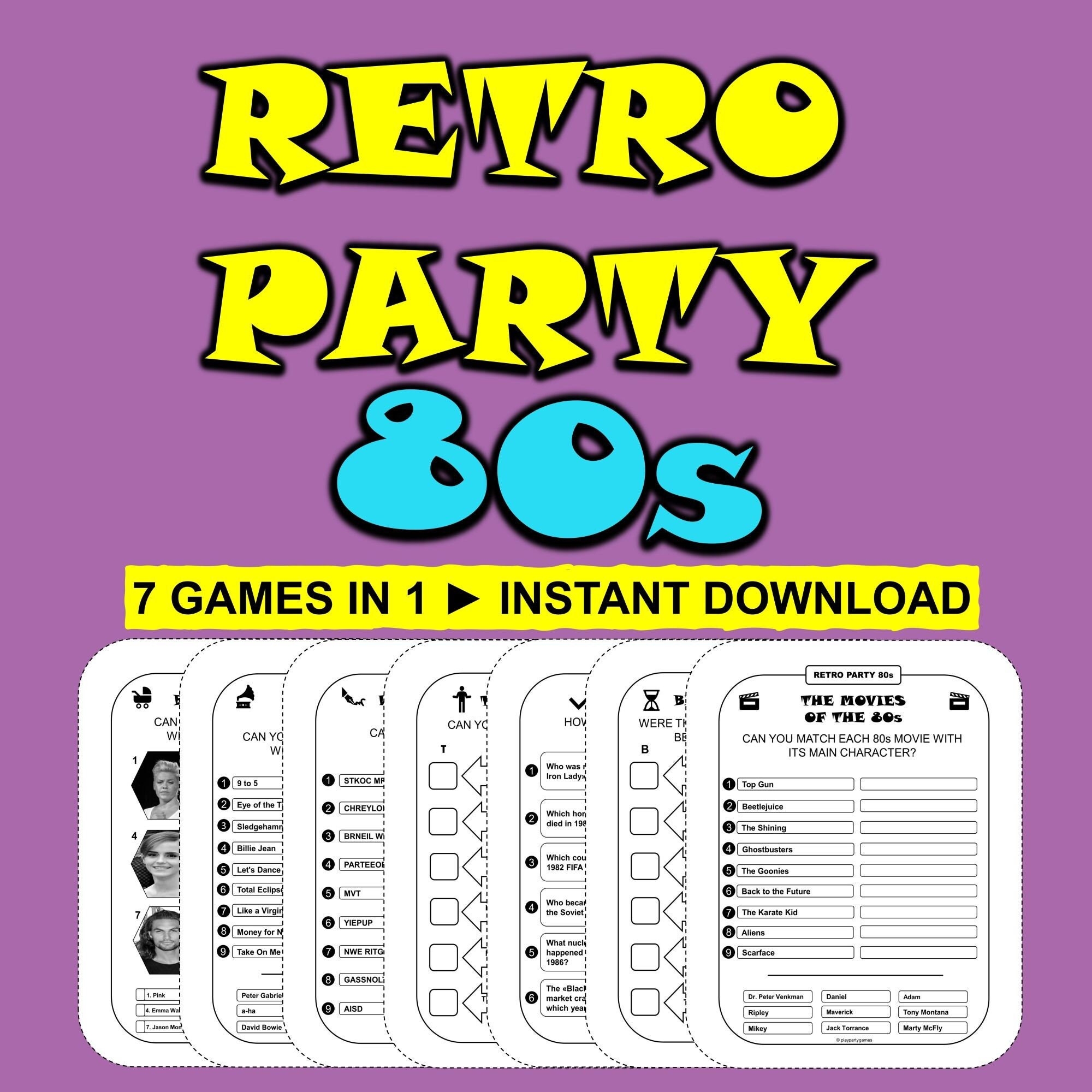 Retro Party Games 80s Party Games Bundle Printable Games 80s Trivia 80s 