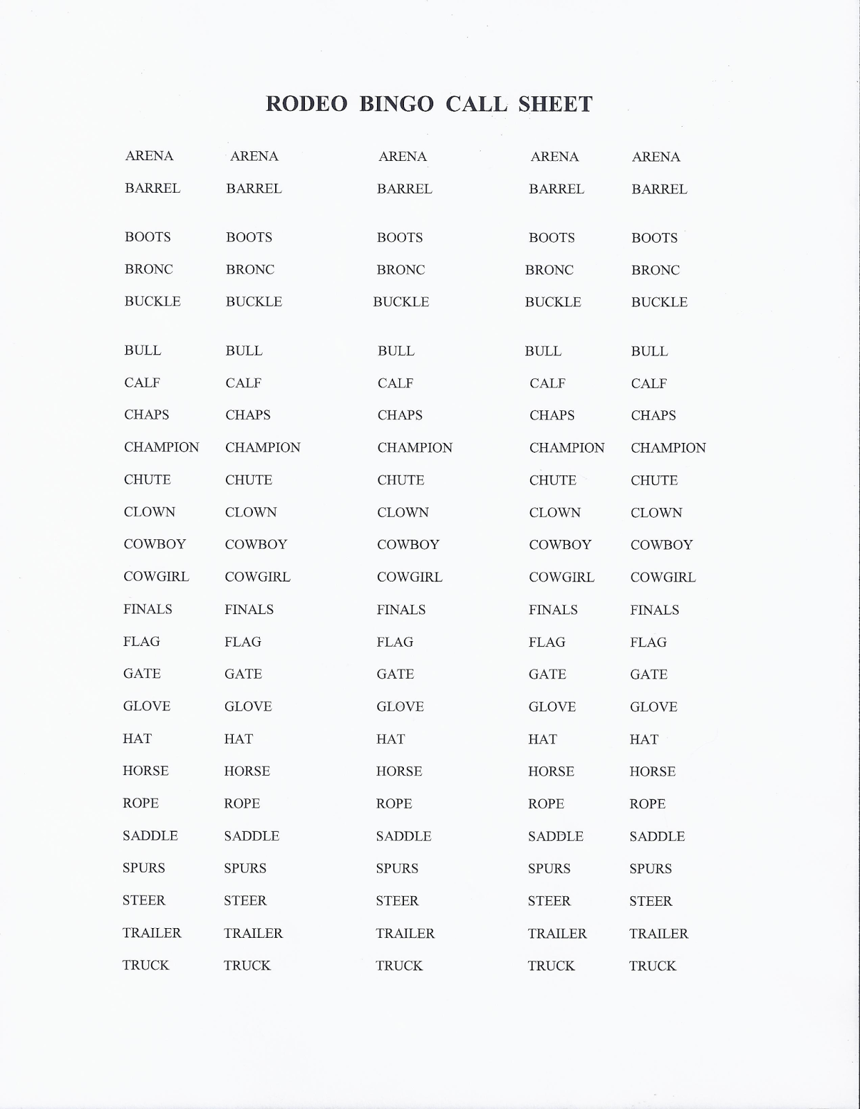 RODEO BINGO RODEO BINGO CALL SHEET By DANCING COWGIRL DESIGN