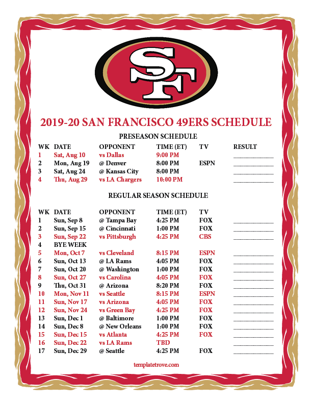 San Francisco 49ers Schedule 2025 Printable Rose J Carslaw