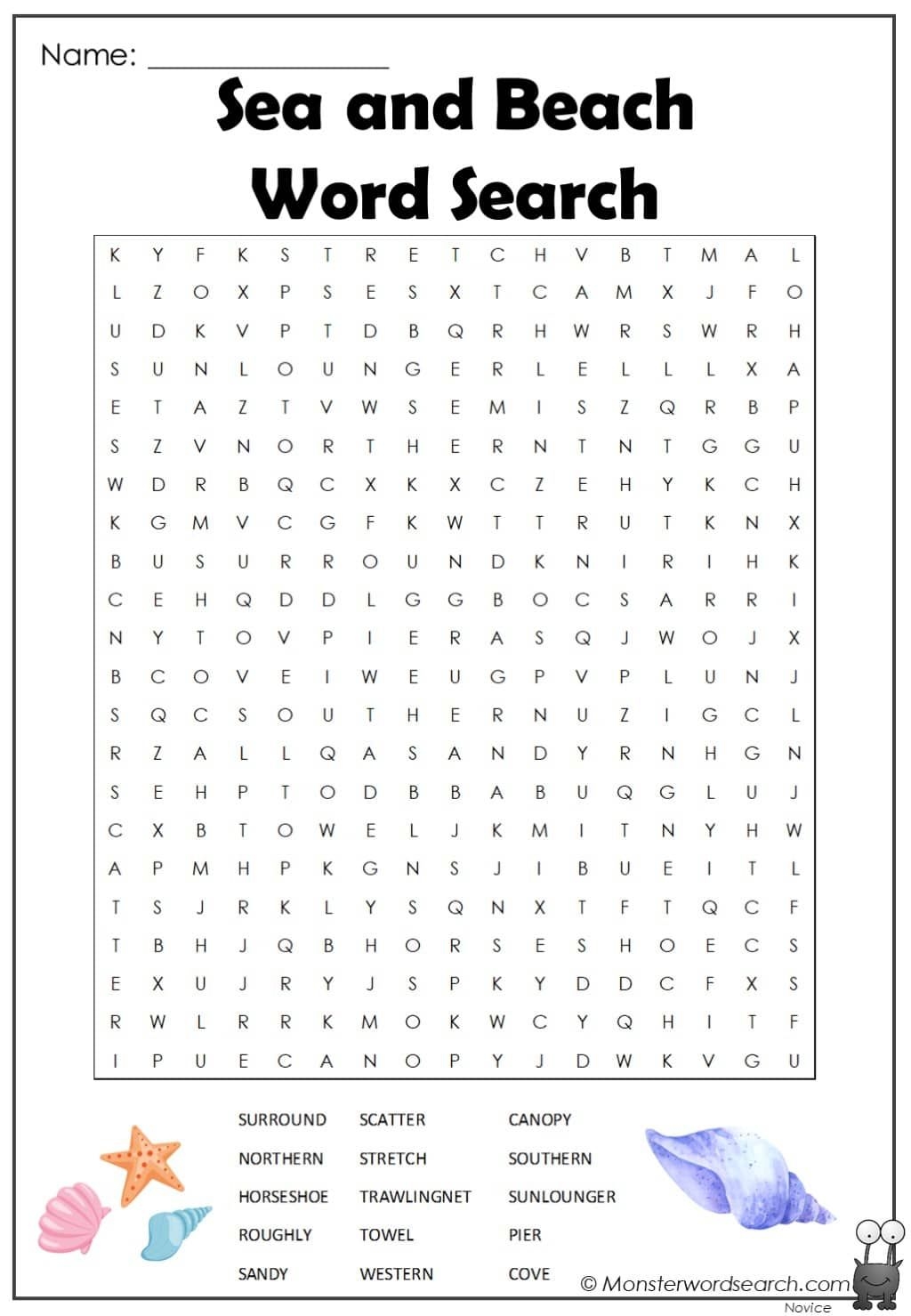 Sea And Beach Word Search Printable Worksheet For Kids