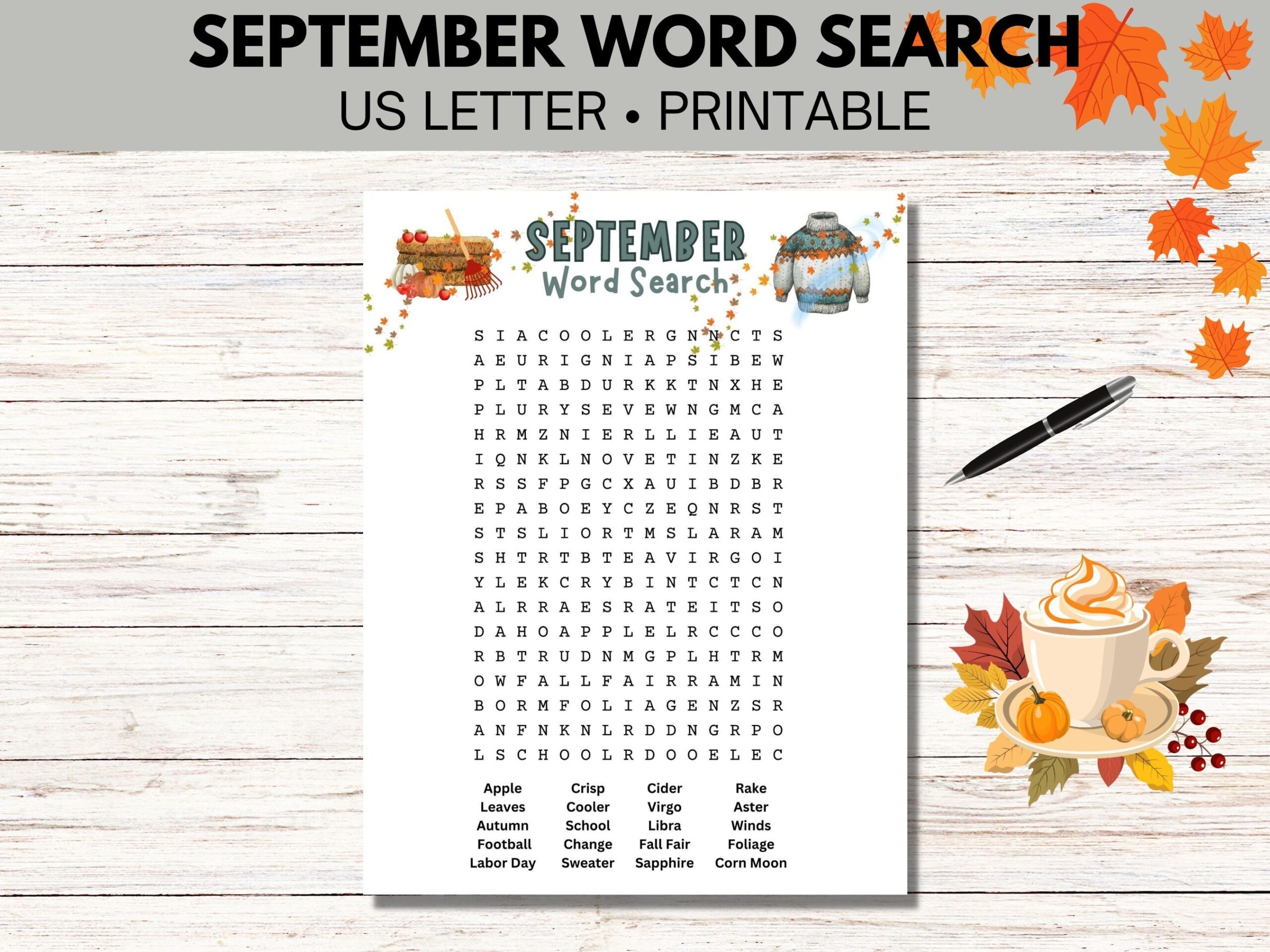 September Word Search Autumn Word Find Printable Puzzle Etsy
