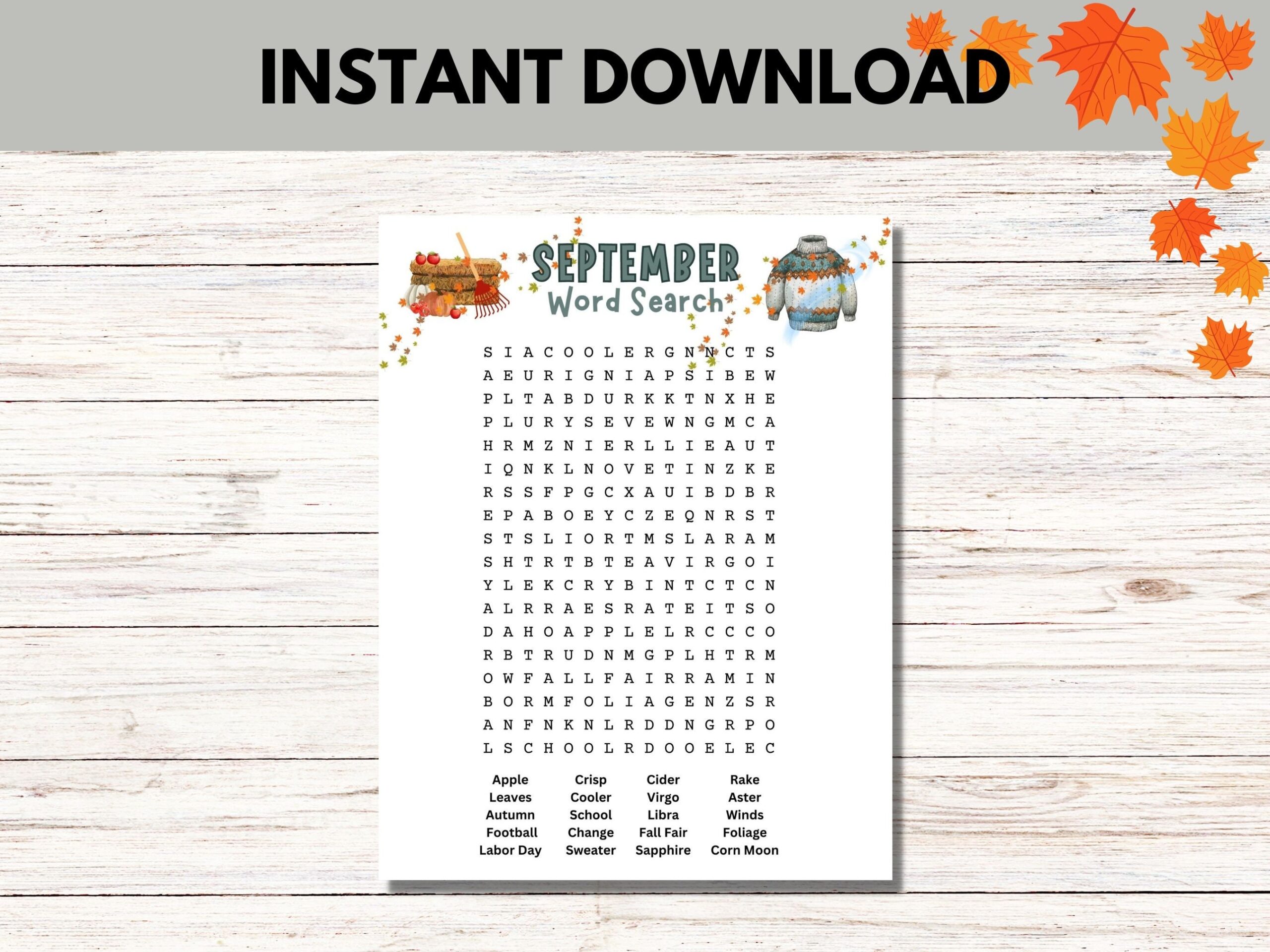 September Word Search Autumn Word Find Printable Puzzle Etsy