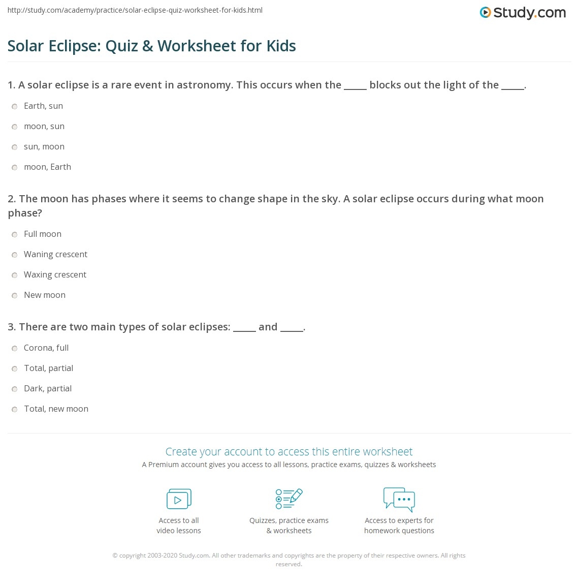 Solar And Lunar Eclipses Reading Comprehension Worksheet Upper 