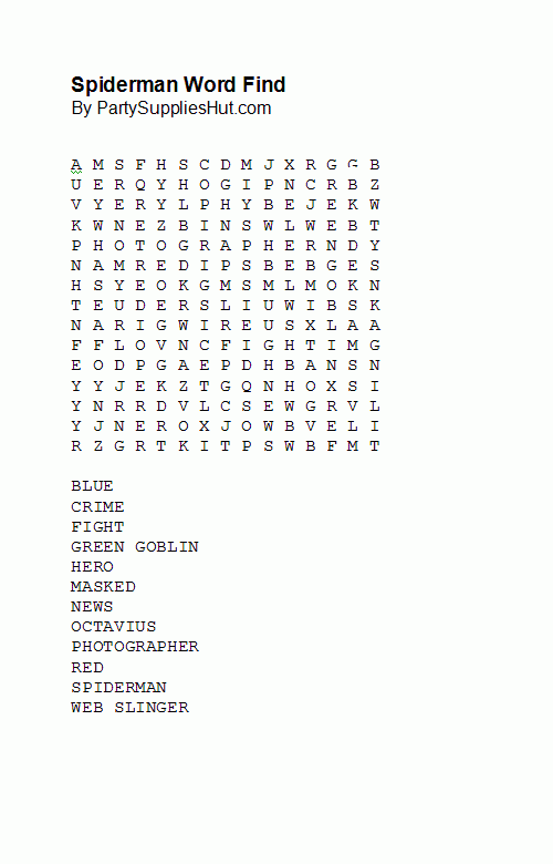 Spider Man Word Find Word Find Spiderman Words Spider Man Word Find Word Find Spiderman Words