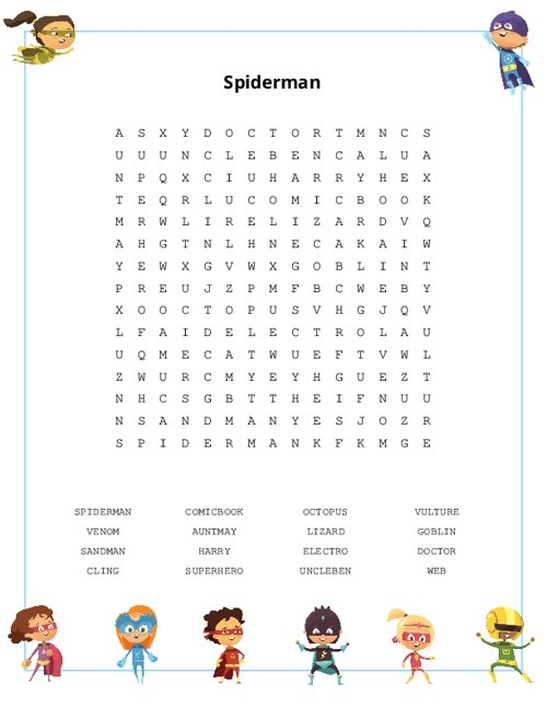 Spiderman Word Search Spiderman Word Search