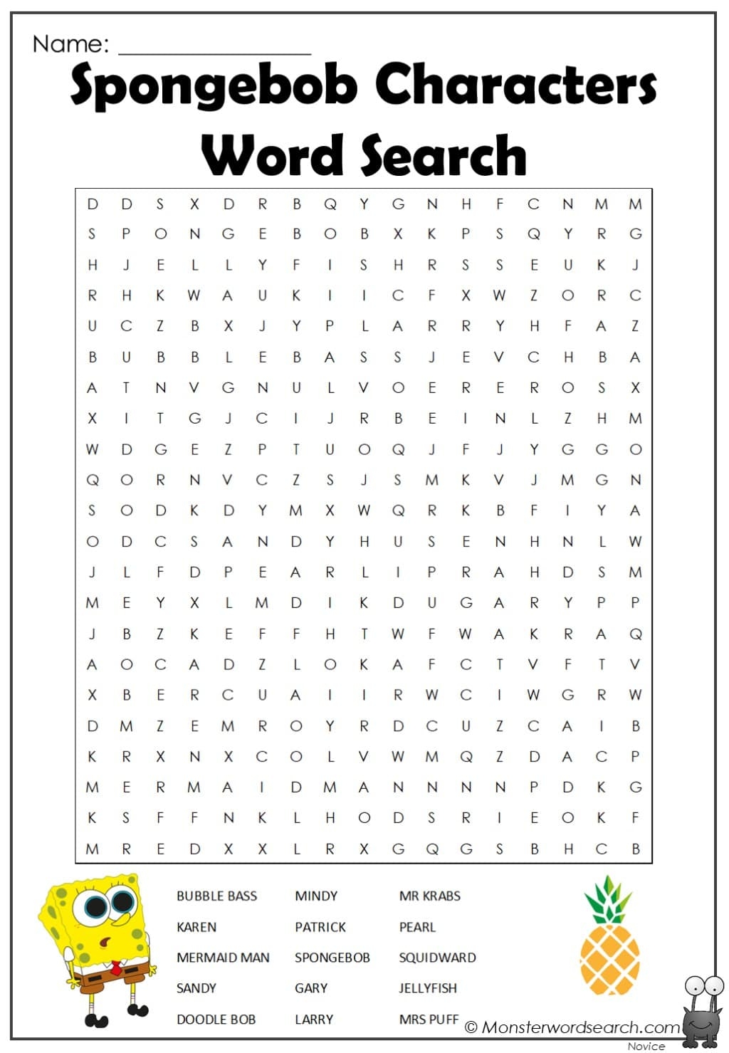Spongebob Characters Word Search Monster Word Search Spongebob Characters Word Search Monster Word Search