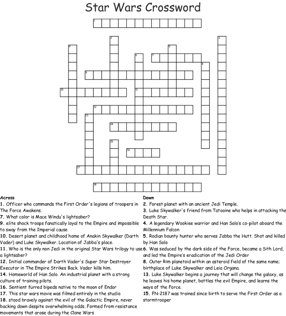 STAR WARS CROSSWORD WordMint Emma Crossword Puzzles
