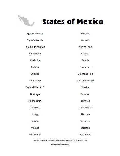 States Of Mexico List Free Printable