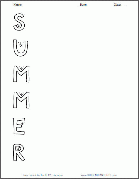 Summer Printable Acrostic Worksheet Student Handouts