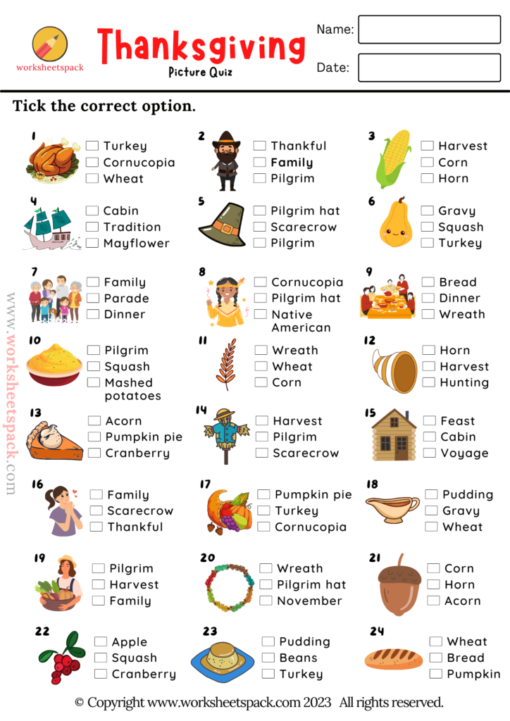 Thanksgiving Quiz Free Printable Thanksgiving Picture Test 