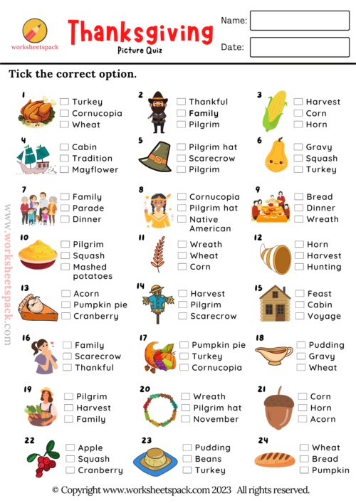 Thanksgiving Quiz Free Printable Thanksgiving Picture Test 