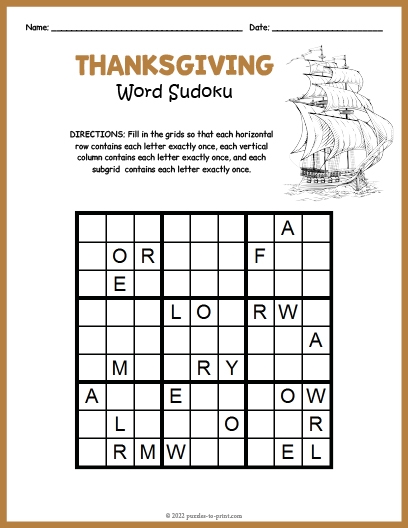 Thanksgiving Word Sudoku