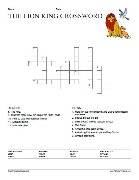 The Lion King Crossword Free Printable