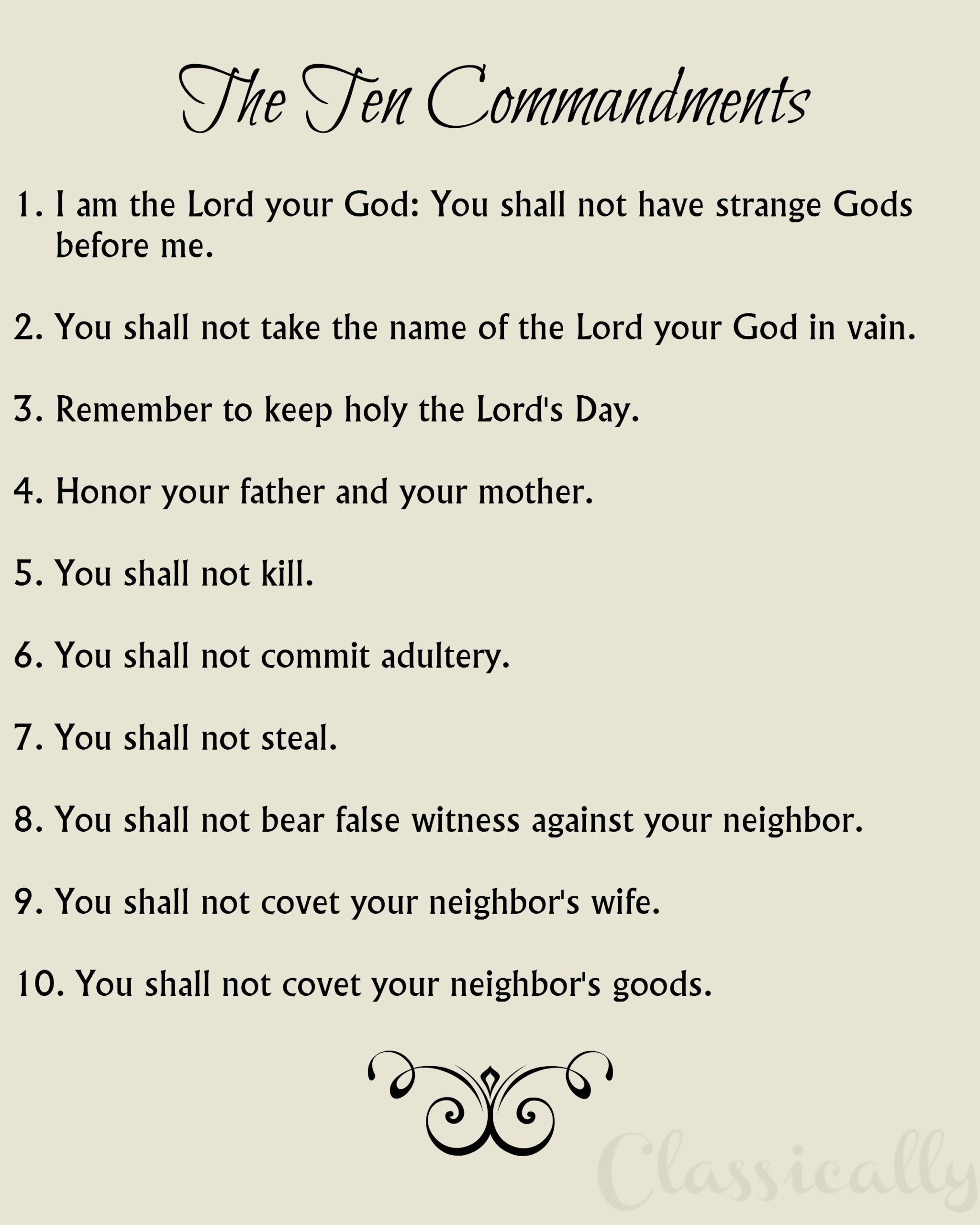 The Ten Commandments Print Catholic Version 8x10 10 Commandments 