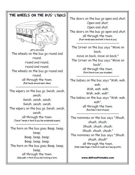 The Wheels On The Bus Lyrics Free Printable The Wheels On The Bus Lyrics Free Printable