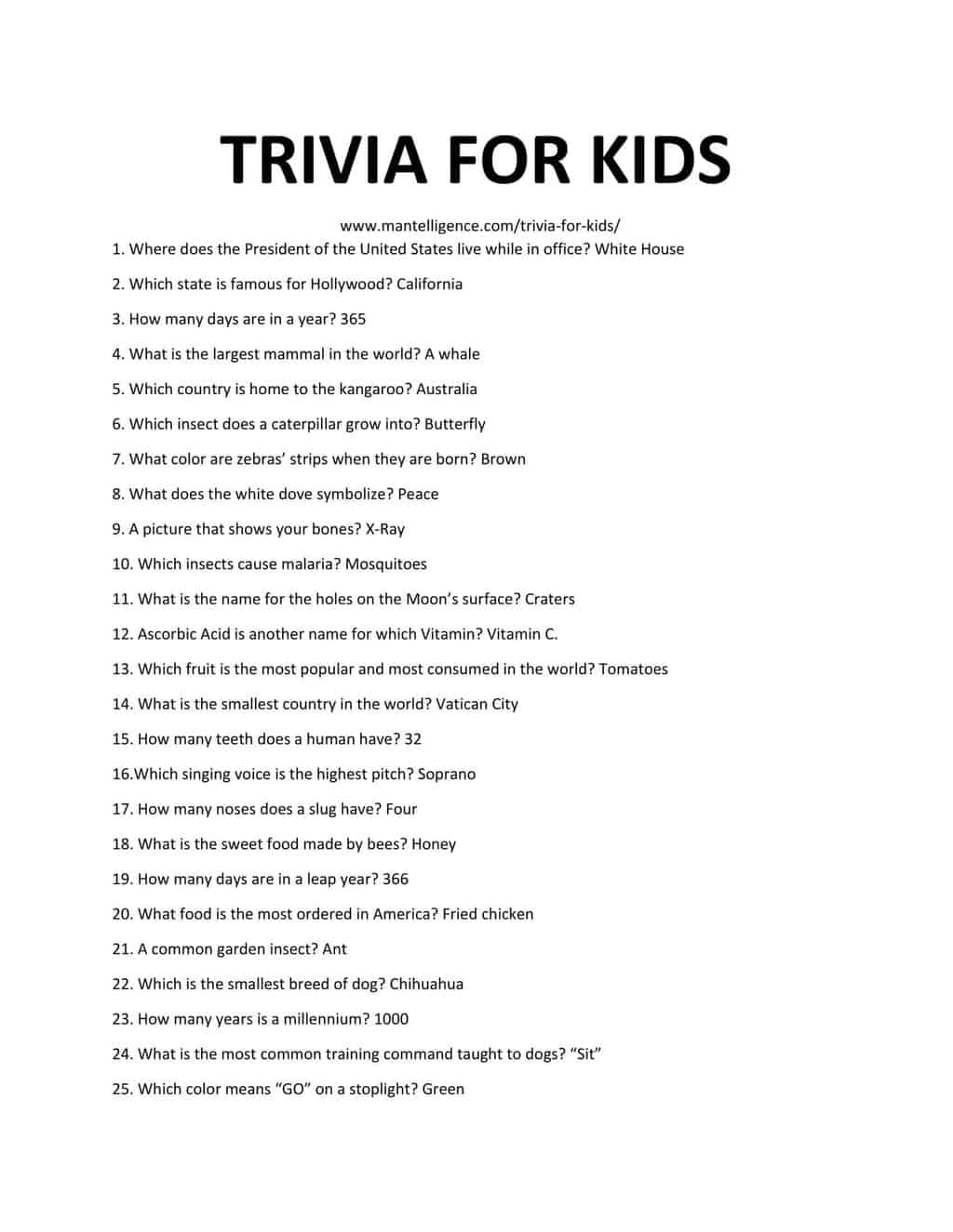 Trivia Sheets Printable