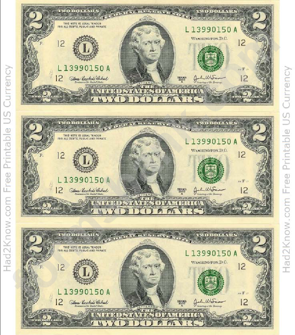 Two Dollar Bill Template Front Printable Pdf Download