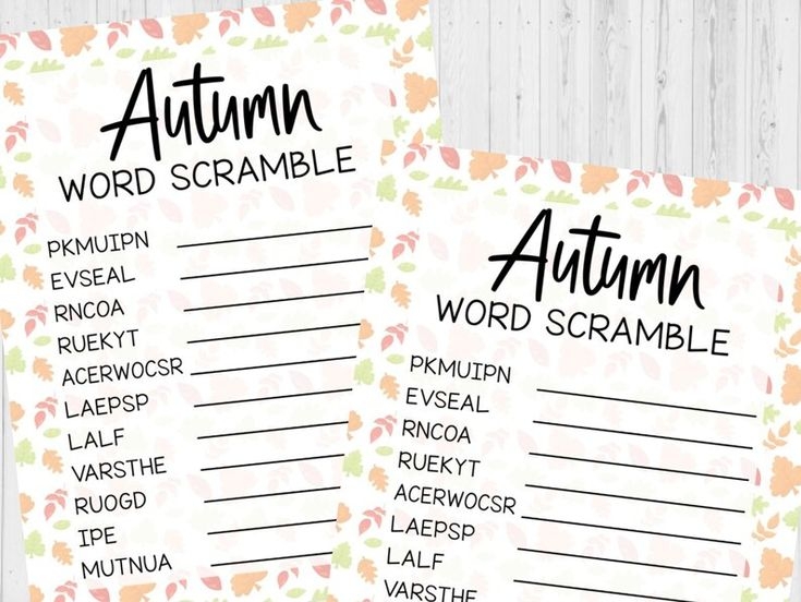 Two Printable Autumn Word Scrambles On A Wooden Table With Flowers And 