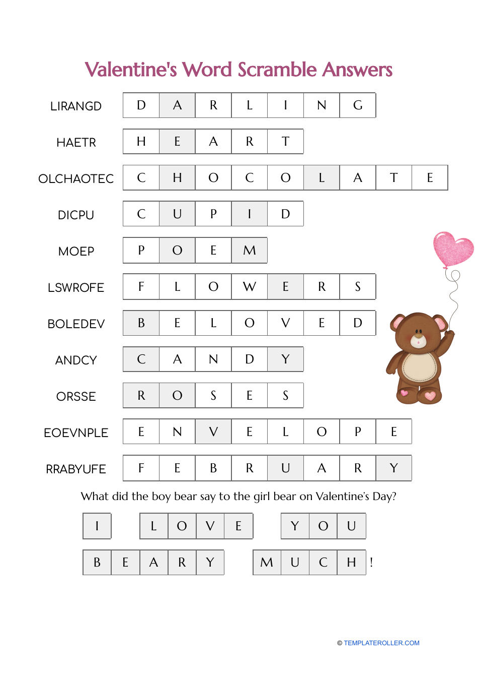 Valentine 39 s Day Word Scramble Bear Download Printable PDF