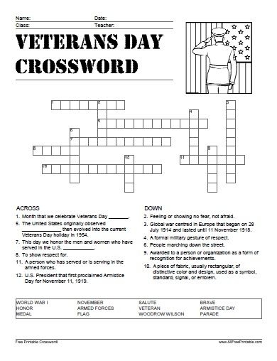 Veterans Day Crossword Math Worksheets Veterans Day Printable Math