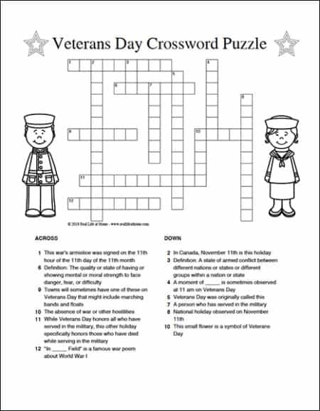 Veterans Day Crossword Puzzle Free Printable For Kids