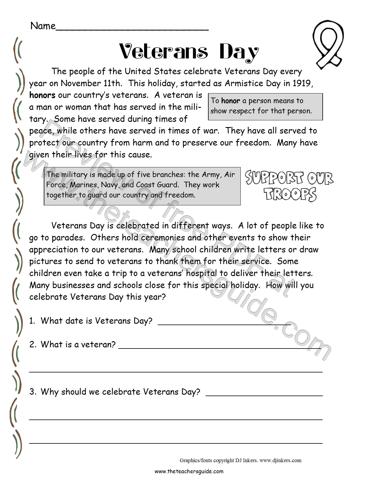 Veterans Day Printouts From The Teacher 39 s Guide