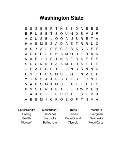 Washington State Word Search Washington State Word Search