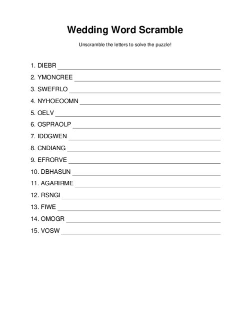 Wedding Word Scramble Wedding Word Scramble