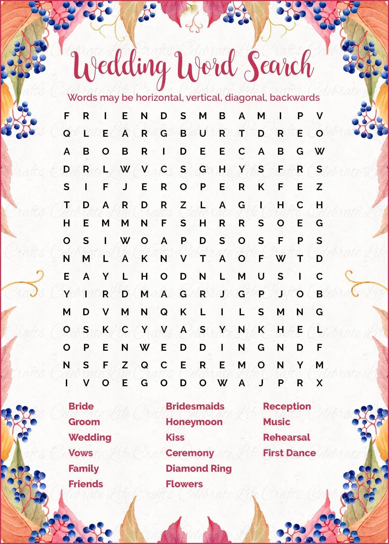 Wedding Word Search PRINTABLE DOWNLOAD Falling In Love Bridal