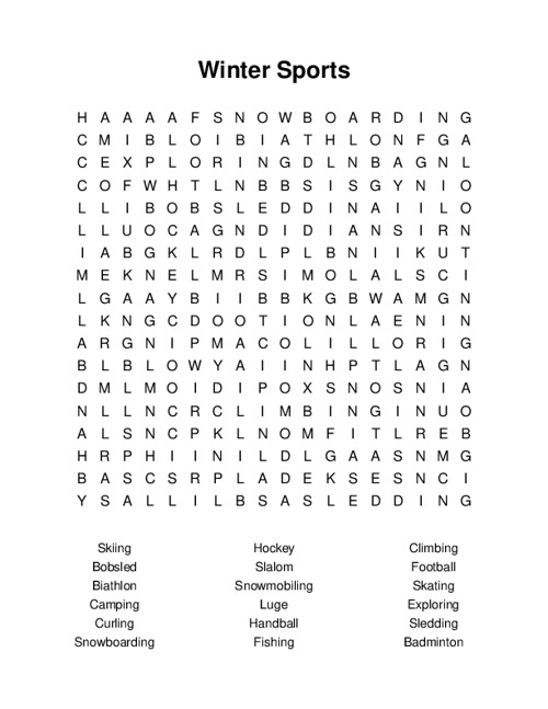 Winter Sports Word Search Winter Sports Word Search