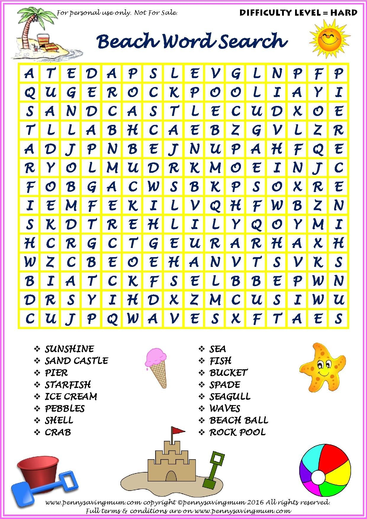 Word Search Beach Hard Version Pdf Beach Words Summer Word Search 