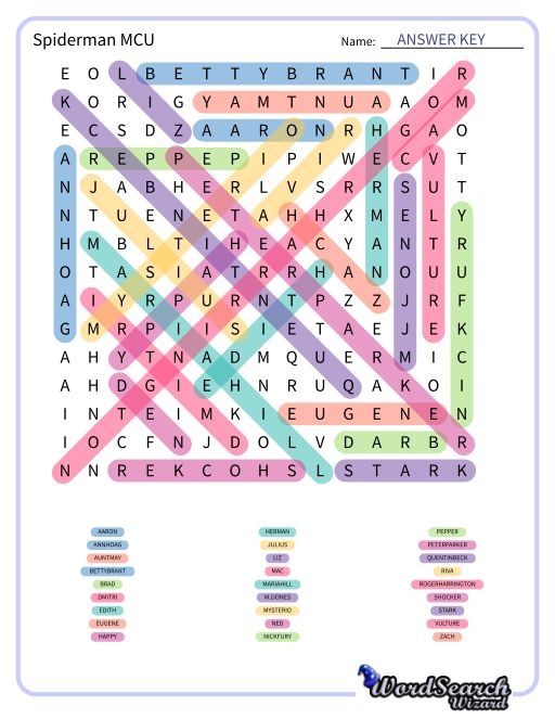 Word Search Puzzle Spiderman MCU