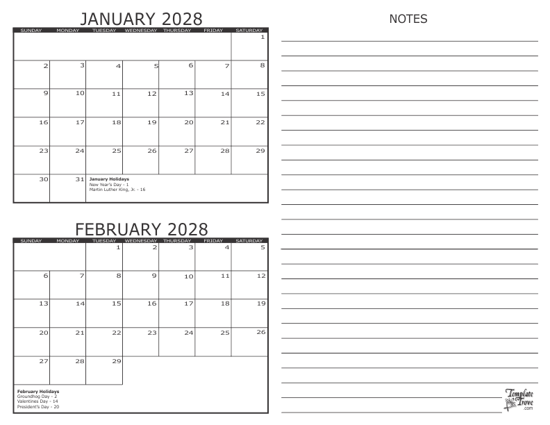 2 Month Calendar 2028 2 Month Calendar 2028