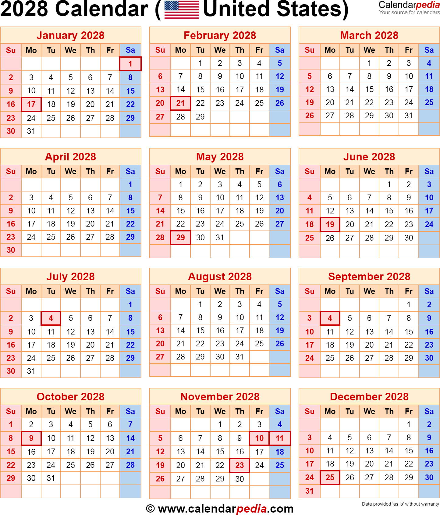 2028 Calendar With Federal Holidays 2028 Calendar With Federal Holidays