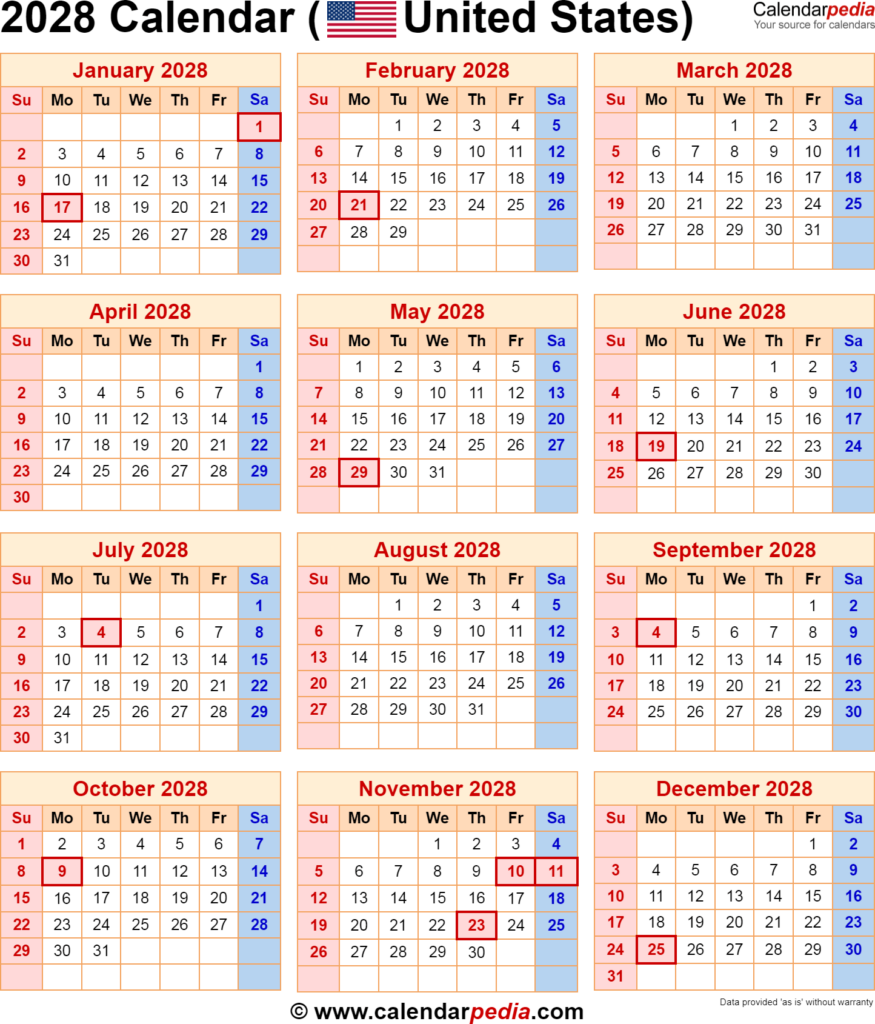2028 Calendar With Holidays Free Printable Calendar 2028 Calendar With Holidays Free Printable Calendar
