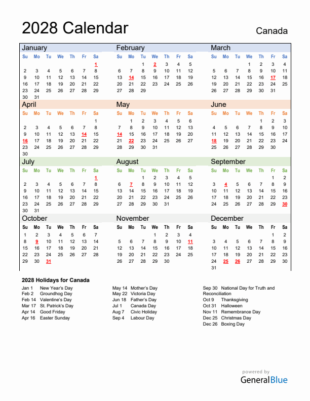 2028 Canada Calendar With Holidays
