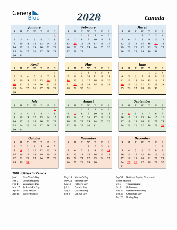 2028 Canada Calendar With Holidays