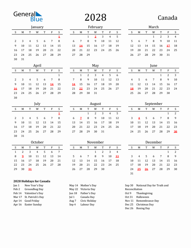 2028 Canada Calendar With Holidays