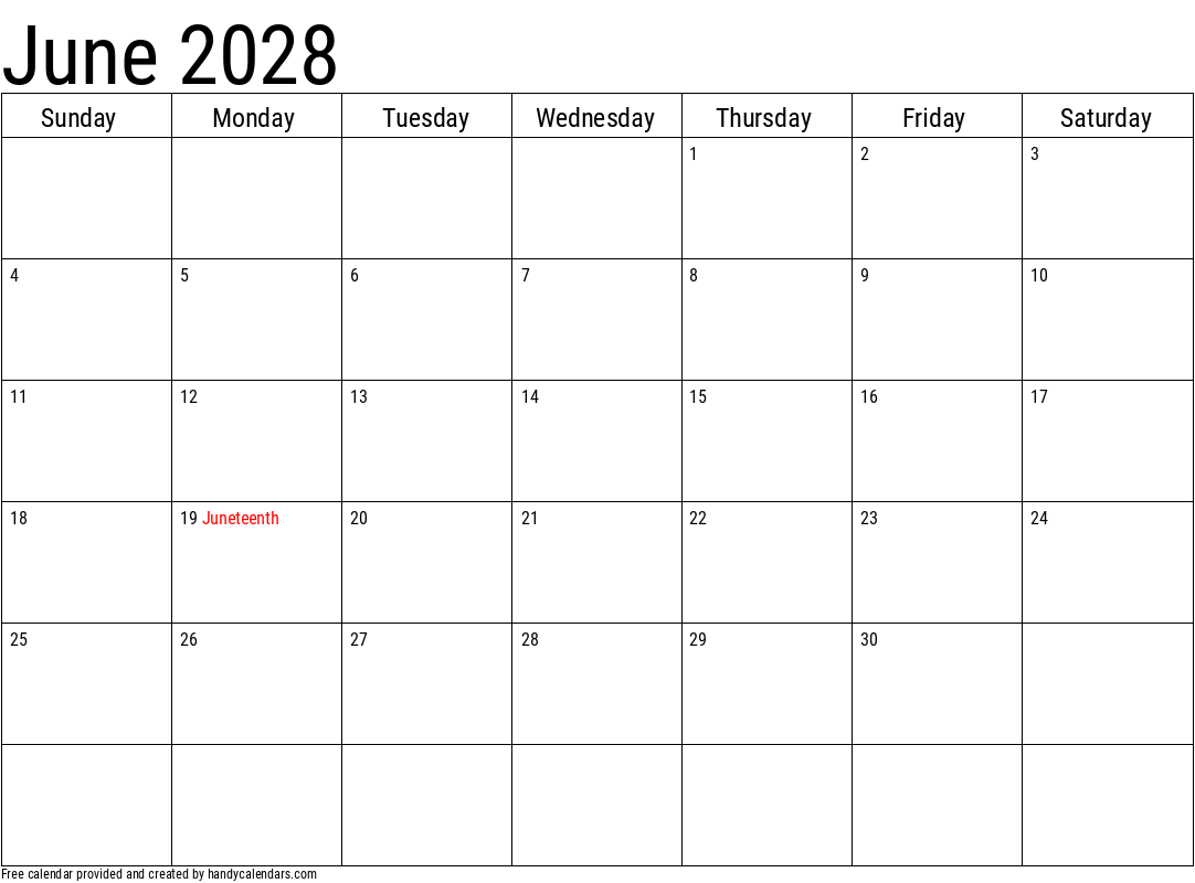 2028 June Calendars Handy Calendars