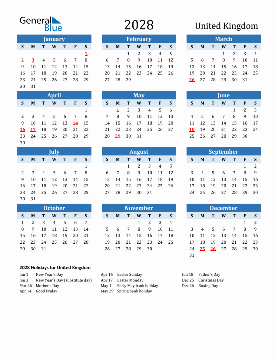 2028 Printable Calendar With United Kingdom Holidays