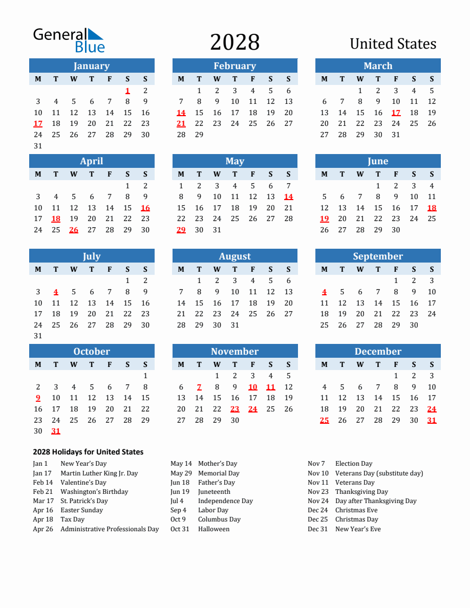 2028 Printable Calendar With United States Holidays 2028 Printable Calendar With United States Holidays