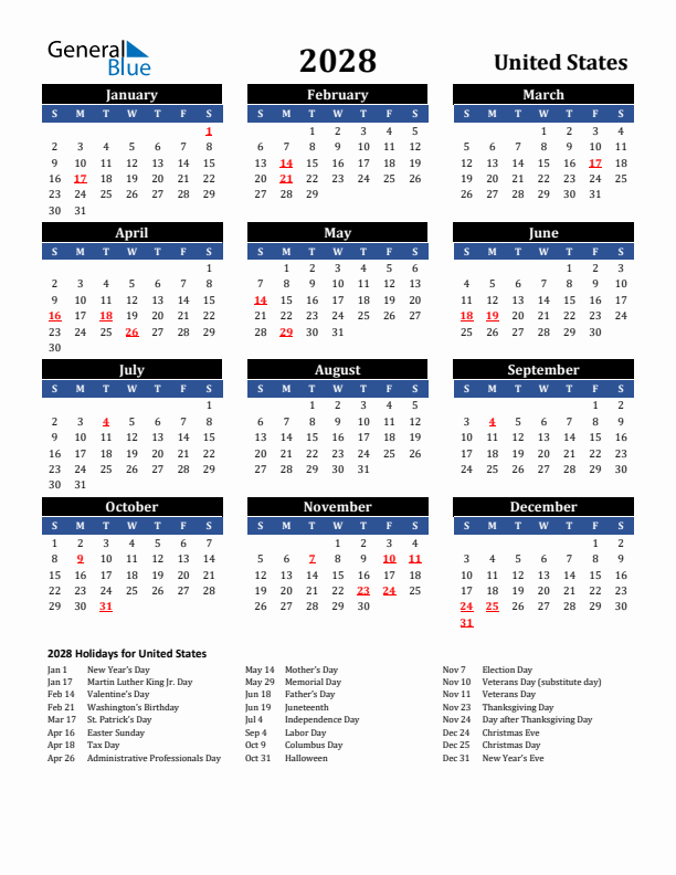 2028 United States Calendar With Holidays