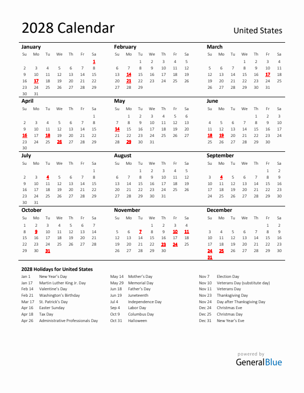 2028 United States Calendar With Holidays
