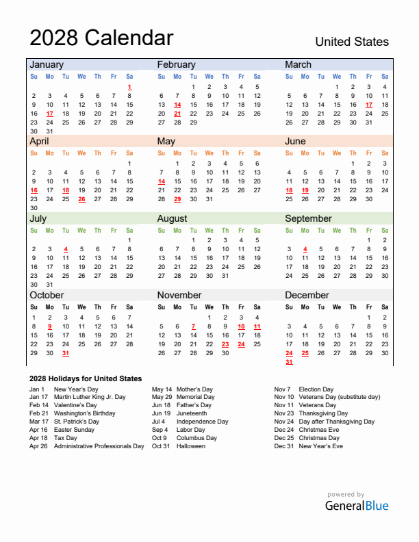2028 United States Calendar With Holidays