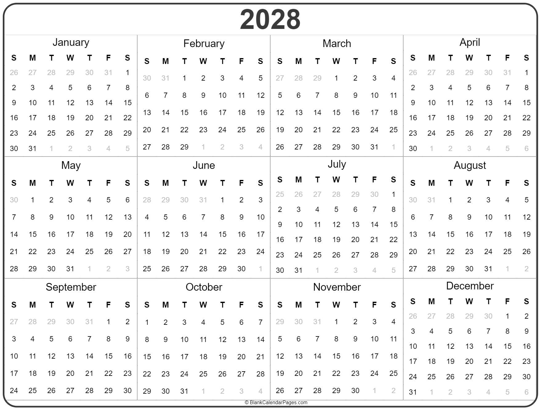 2028 Year Calendar Yearly Printable 2028 Year Calendar Yearly Printable
